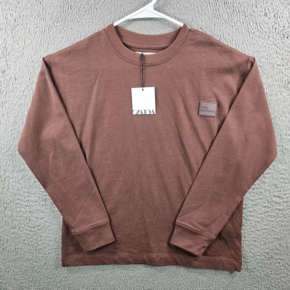 NEW Zara T-Shirt Youth Size 9 10 140 CM Crew Neck Long Sleeve Brown